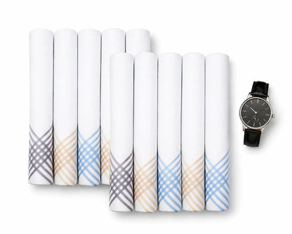 Set of folded patterned handkerchiefs with a watch on a white background