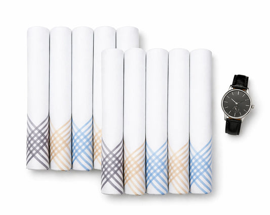 Set of folded patterned handkerchiefs with a watch on a white background