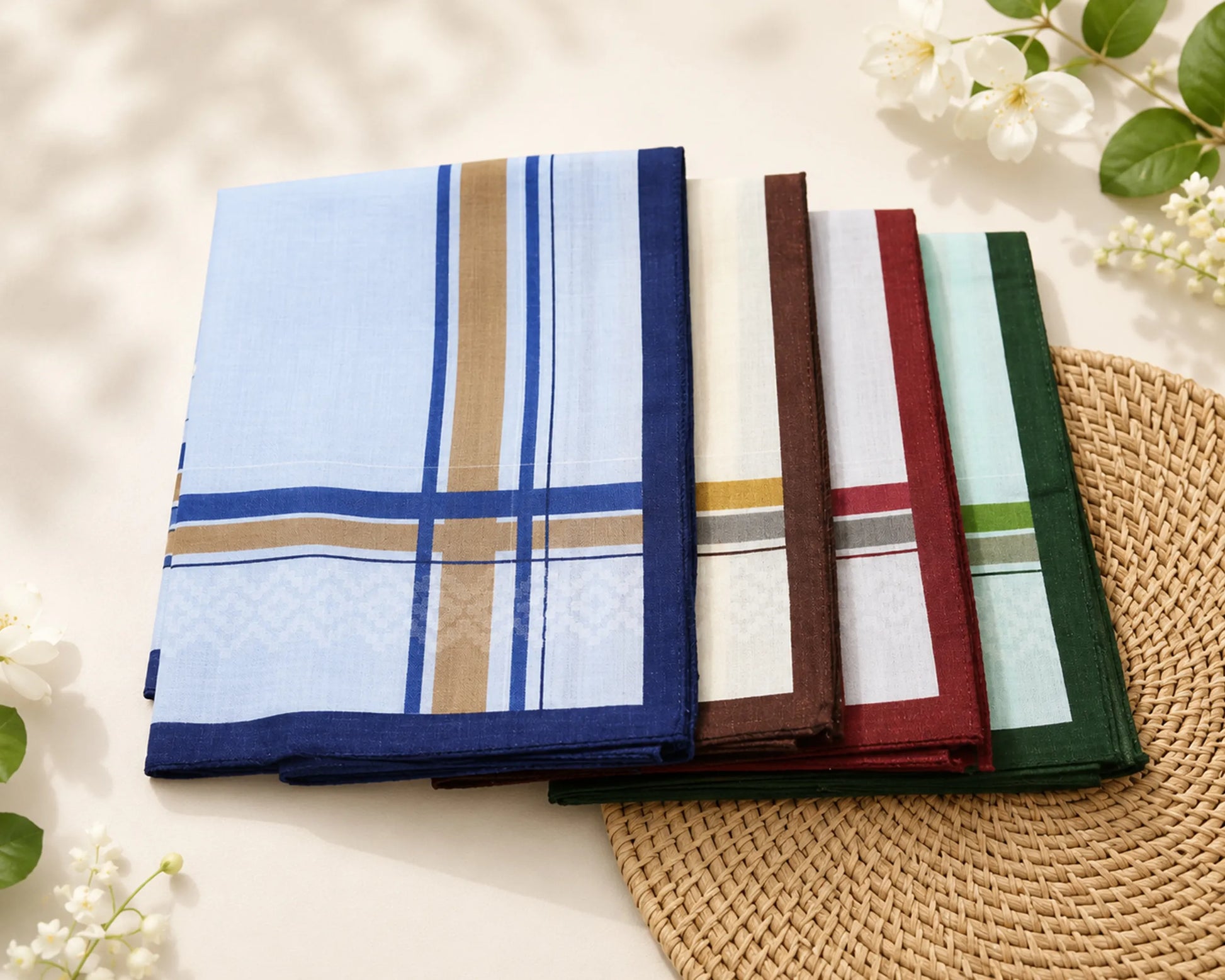 Set of folded plaid hanky in various colors on a textured surface with flowers.