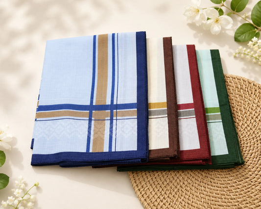 Set of folded plaid hanky in various colors on a textured surface with flowers.
