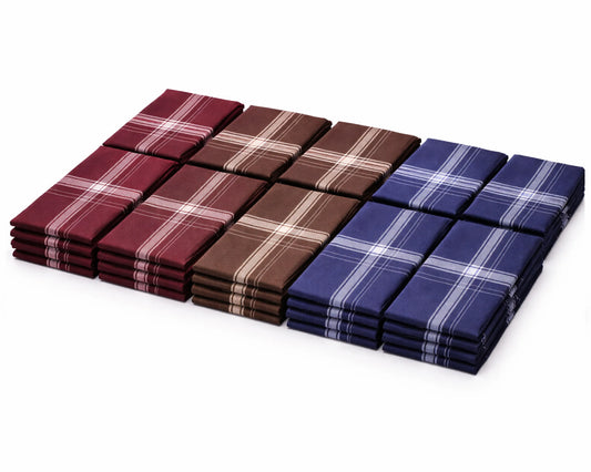 Set of folded plaid towels in red, brown, and blue on a white background
