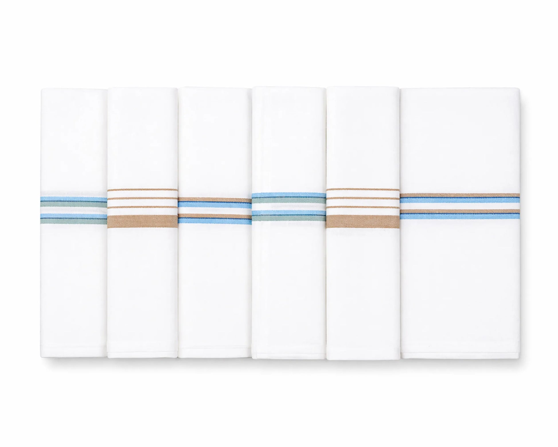 Set of four white handkerchiefs with colorful stripes on a white background
