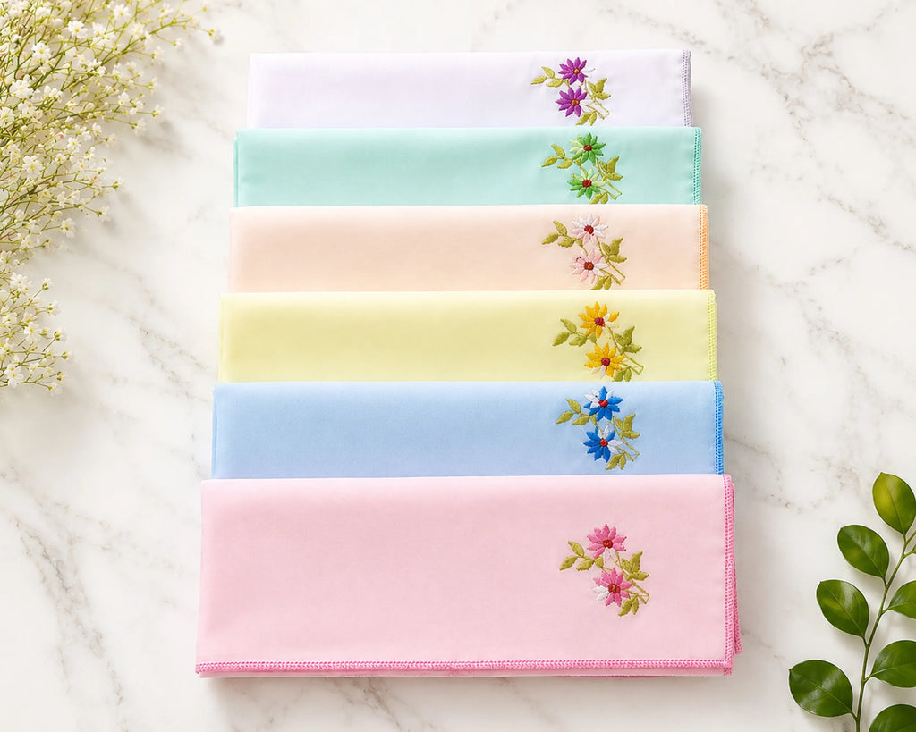 Set of pastel-colored handkerchiefs with floral embroidery on a marble surface.