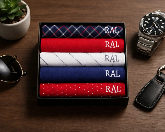 Set of patterned HANKY in a box on a wooden surface with a watch and keychain.