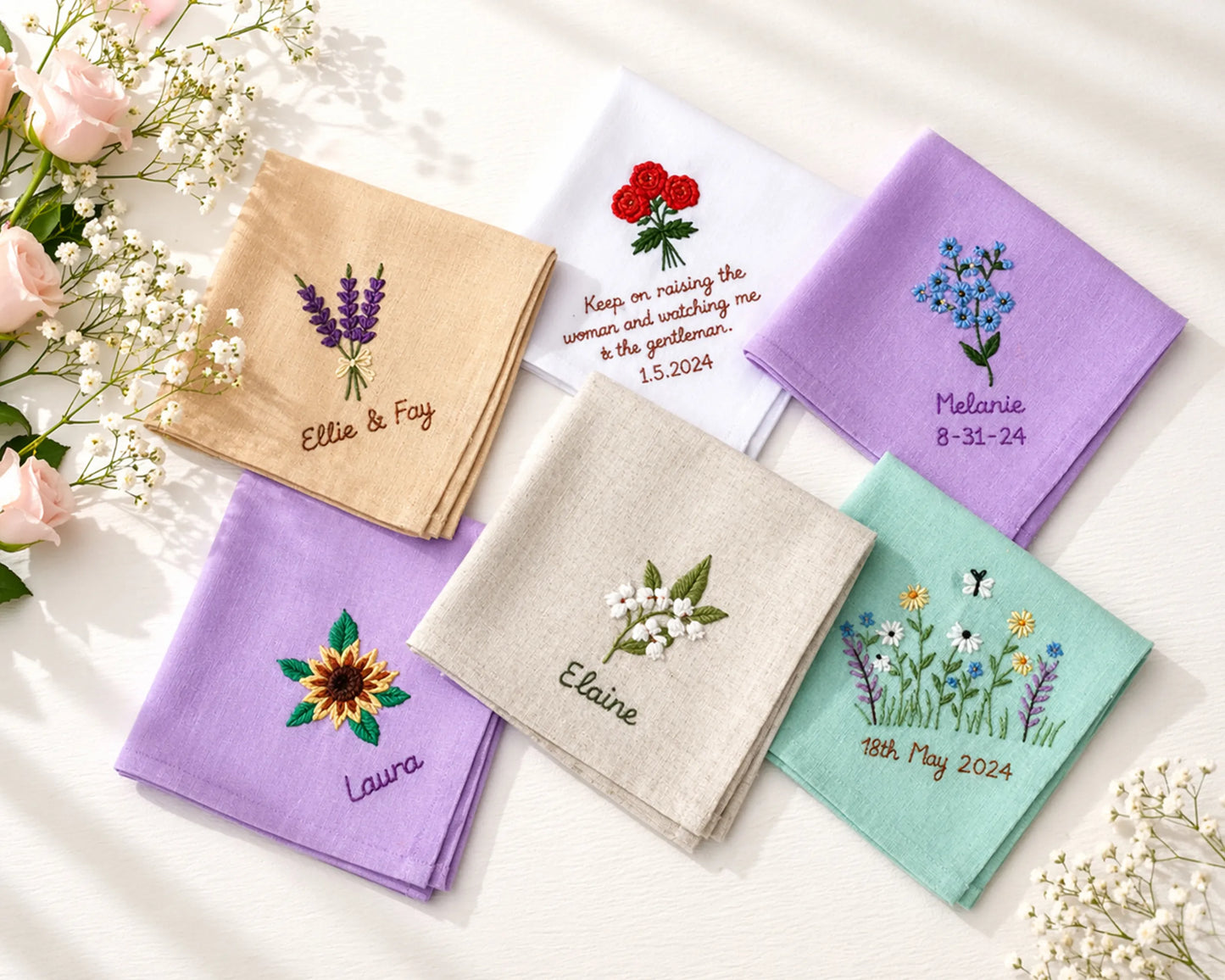 Set of personalized handkerchiefs with floral designs and names on a light background.
