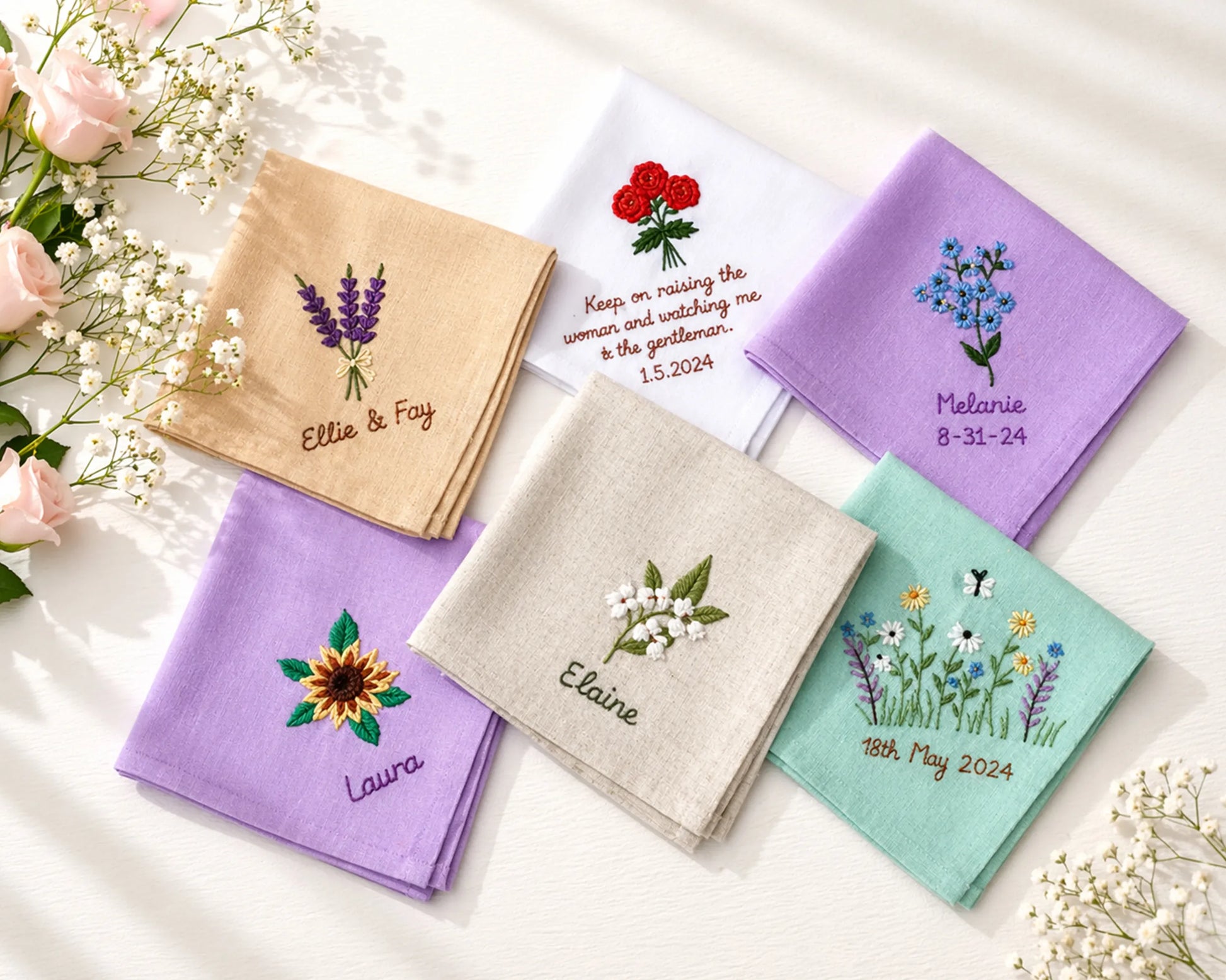 Set of personalized handkerchiefs with floral designs and names on a light background.