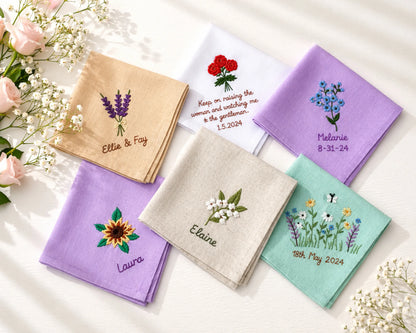 Set of personalized handkerchiefs with floral designs and names on a light background.