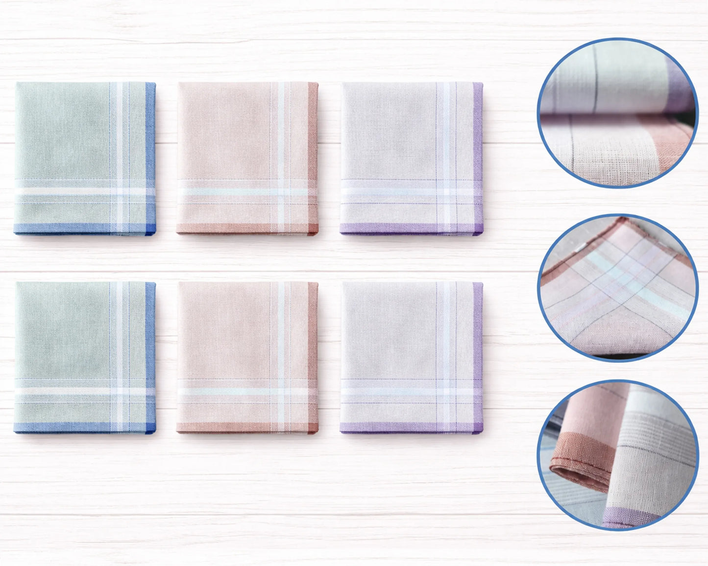 Set of plaid handkerchiefs with close-up views on a white background