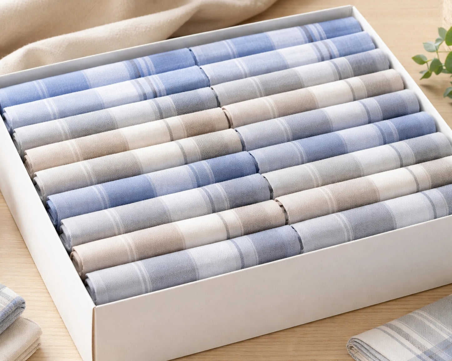 Set of rolled up plaid hanky in blue and beige colors arranged in a white box.