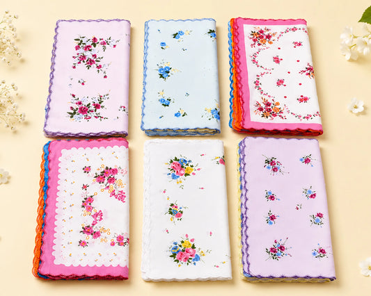 Set of six floral handkerchiefs on a beige background
