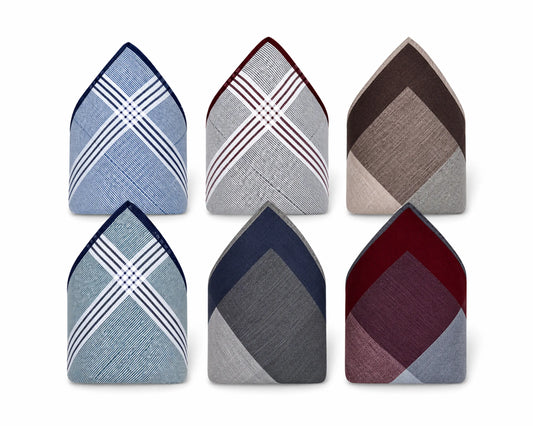 Set of six patterned pocket squares on a white background
