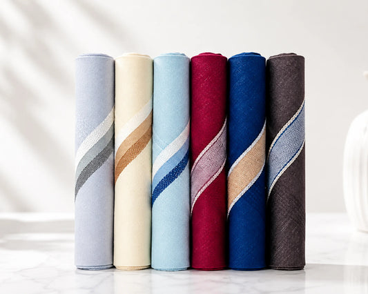 Set of six textured hanky in various colors on a white background