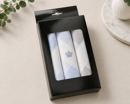 Set of three folded hanky in a black box on a light surface with a plant in the corner.