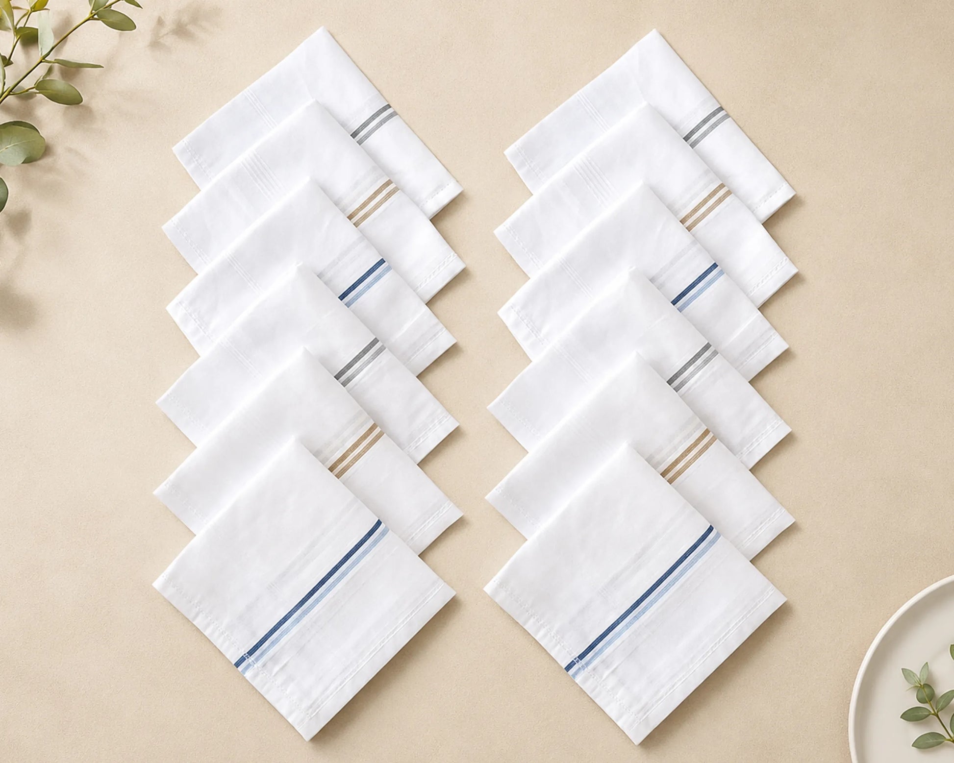 Set of white hanky with blue stripes on a beige background