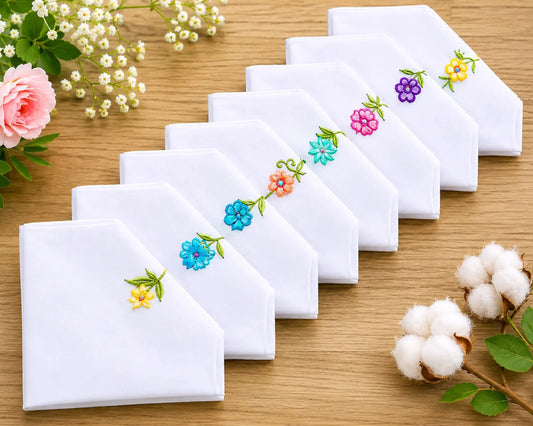 Set of white handkerchiefs with colorful floral embroidery on a wooden surface with flowers and cotton.