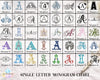 A reference chart titled 'Single Letter Monogram Chart' showing 40 different monogram designs labeled 'Monogram 1' through 'Monogram 40' in a grid. The chart includes many color options for the letter A, such as black, blue, purple, green, red, and gold, on a white background with a small floral monogram sample at the bottom left.