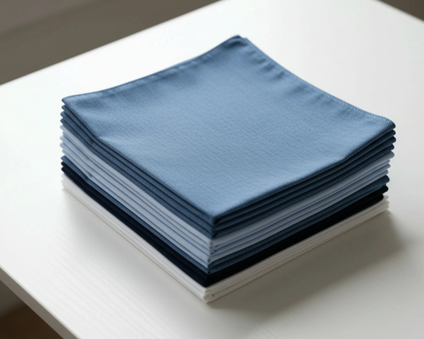 Stack of blue folded hanky on a white surface