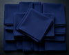 Stack of blue napkins on a beige surface with green leaves.
