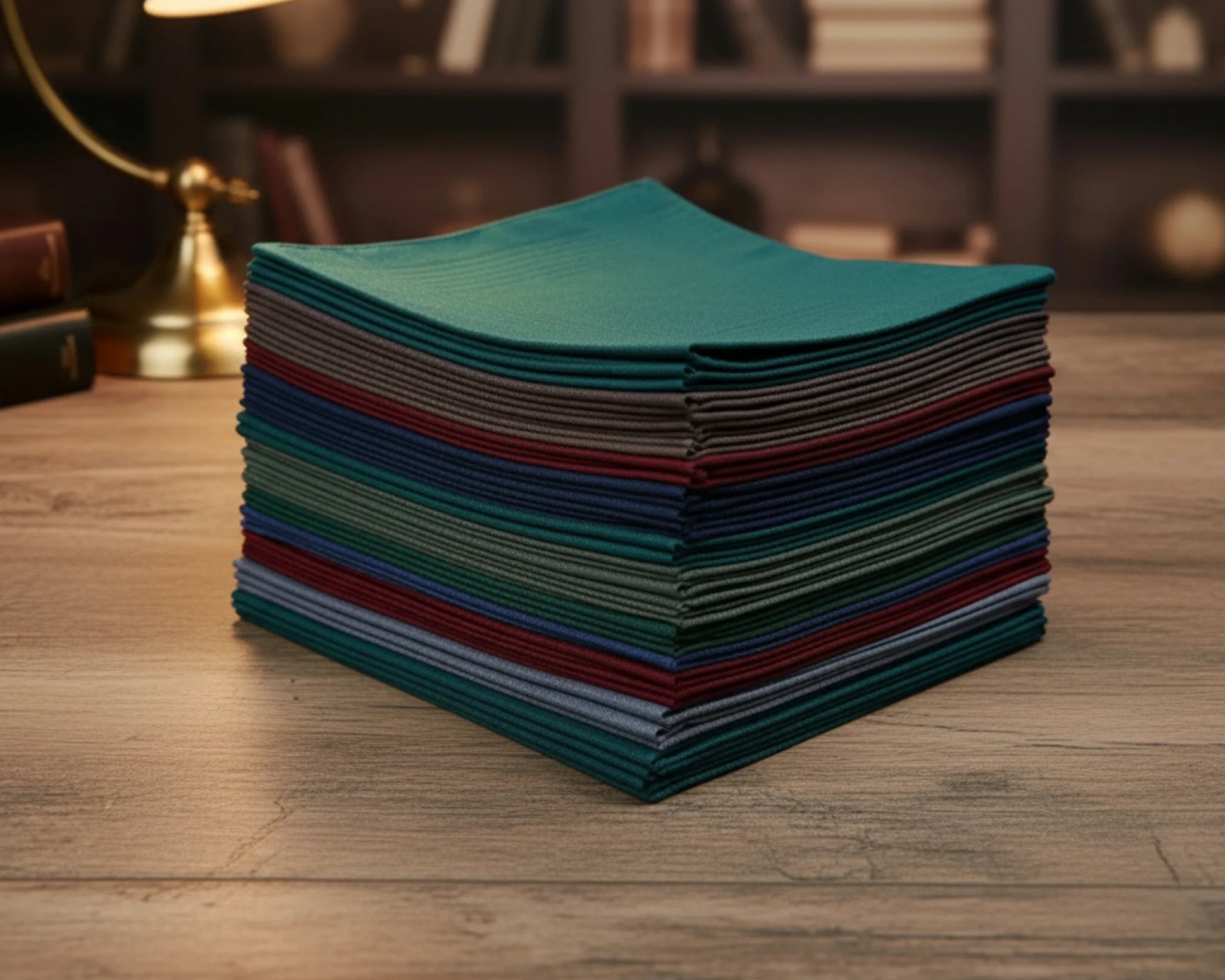 Stack of colorful folded handkerchief on a wooden surface with a blurred background