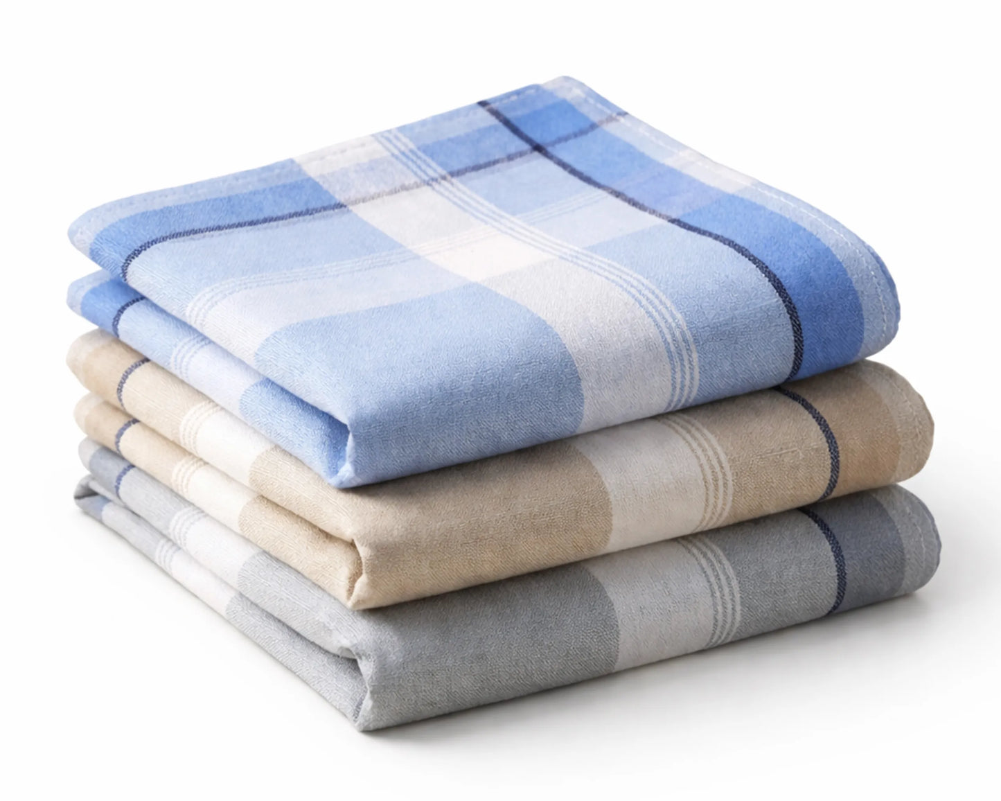 Stack of folded checkered hanky in blue, beige, and gray on a white background