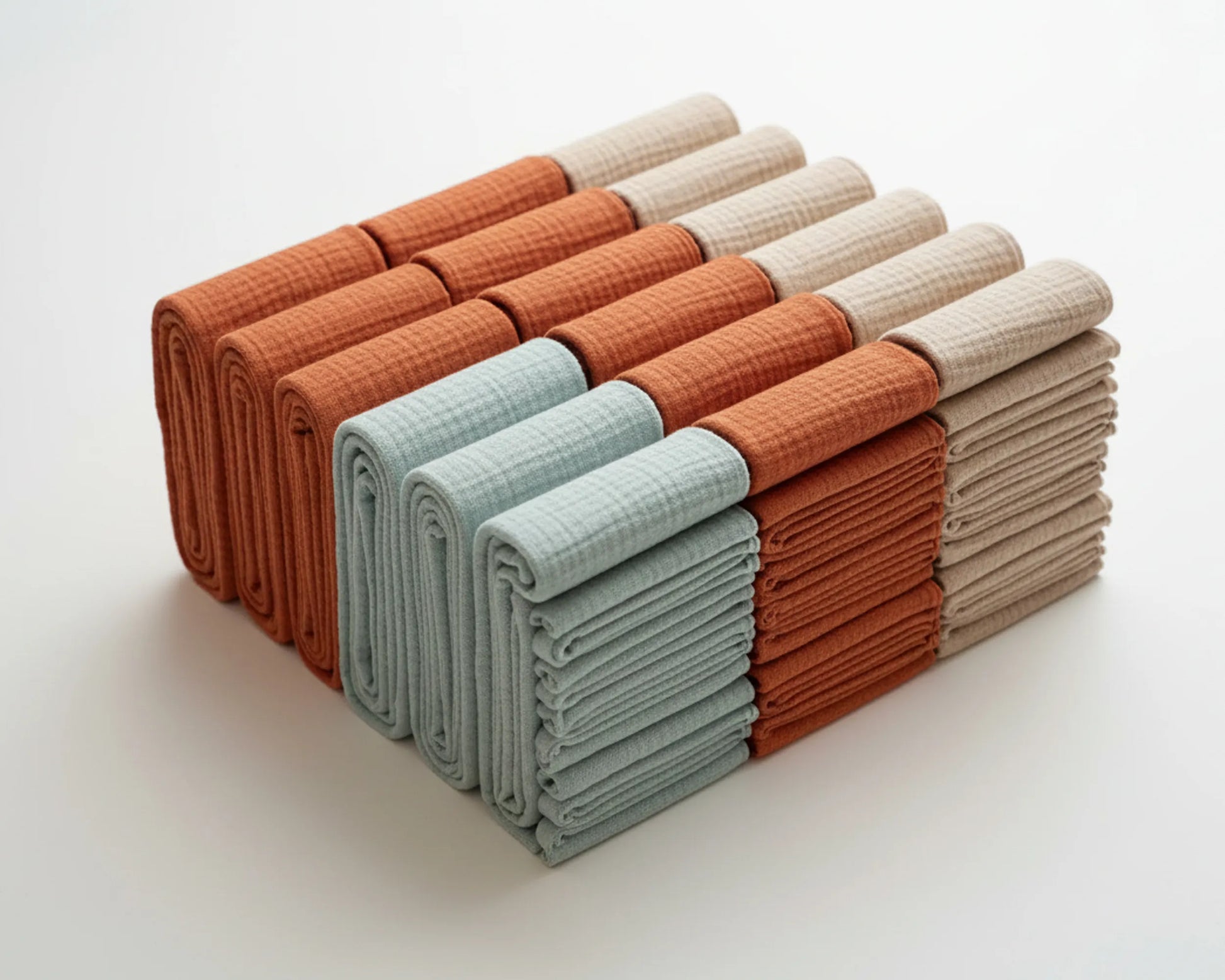 Stack of folded handkerchief in orange, green, and beige on a white background