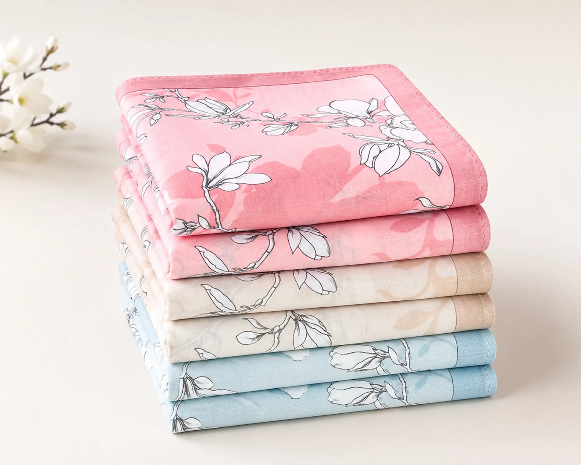 Stack of folded pink, beige, and blue floral-patterned hanky on a light background