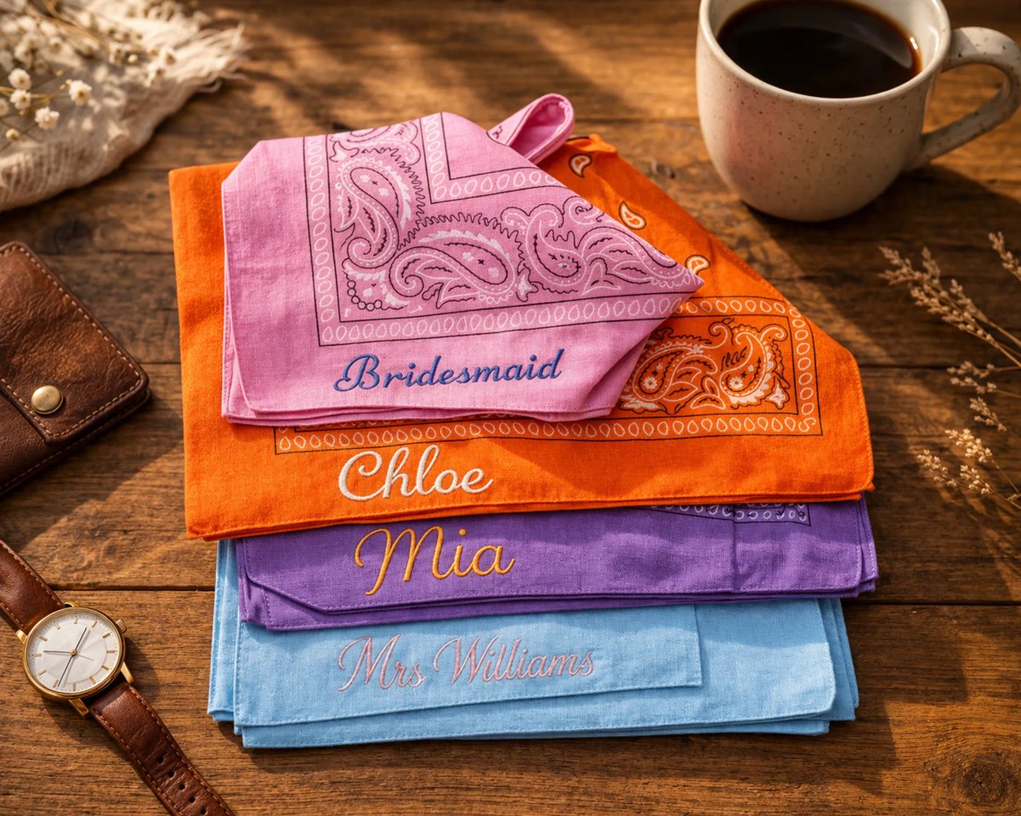 Stack of personalized bandanas on a wooden surface with a cup of coffee and wallet.
