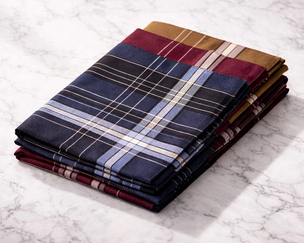 Stack of plaid fabric hanky on a marble surface