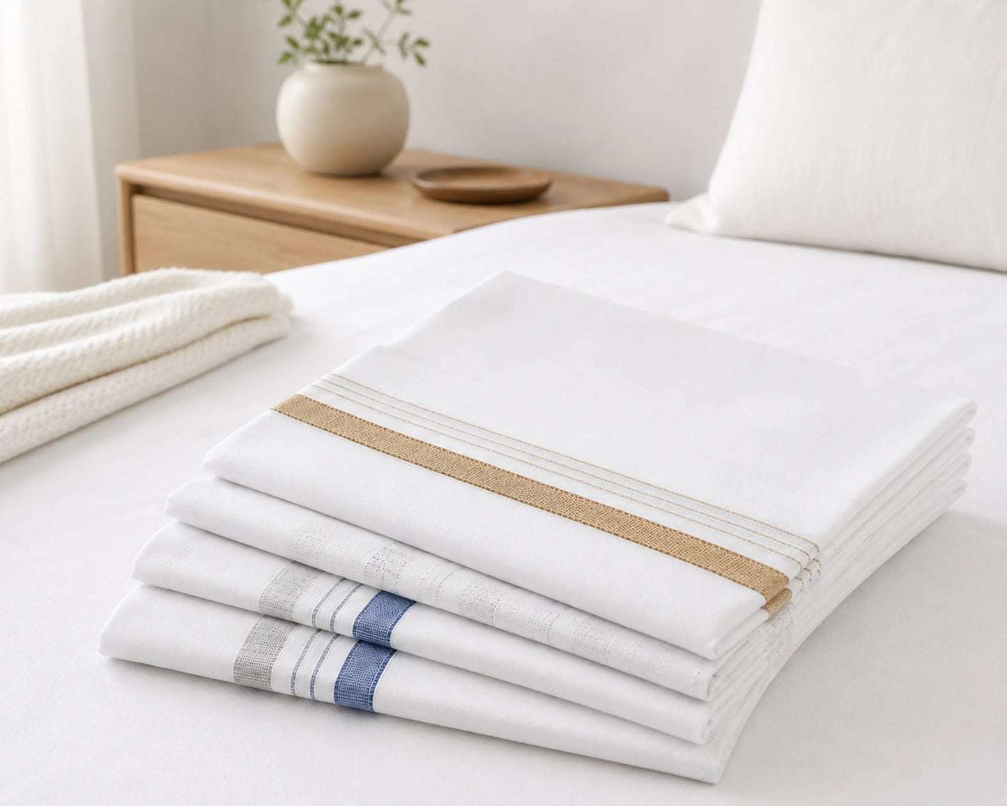 Stack of white hanky with brown and blue stripes on a white surface.