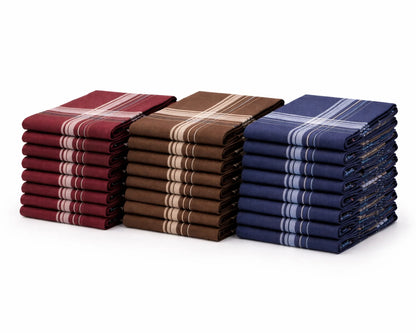 Stacks of folded hanky in red, brown, and blue on a white background