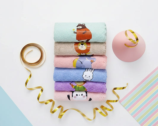 Stack of colorful microfiber cloths for kids with various animal friend illustrations