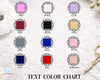 A digital color chart displaying twelve color swatches with ornate black frames and labels, including Pink, White, Lilac, Wine, Black, Gold, Grey, Royal Blue, Pink, Navy, Red, and Rosegold, arranged on a white lace background with decorative scissors.