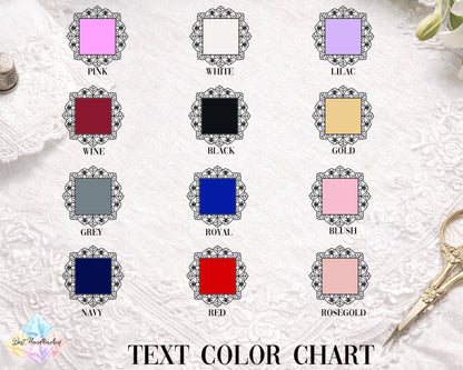 A digital color chart displaying twelve color swatches with ornate black frames and labels, including Pink, White, Lilac, Wine, Black, Gold, Grey, Royal Blue, Pink, Navy, Red, and Rosegold, arranged on a white lace background with decorative scissors.
