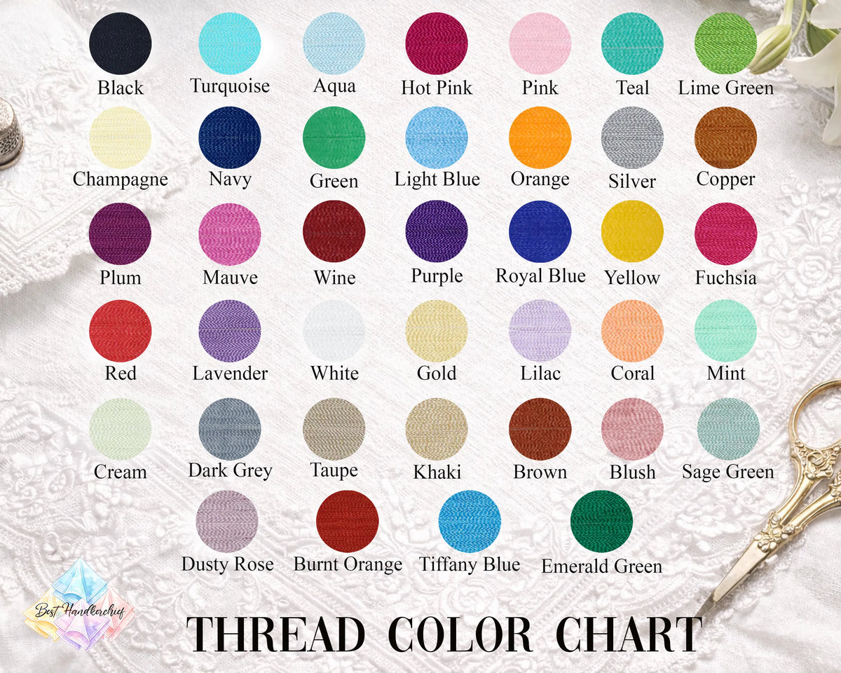 A thread color chart displaying 40 different fabric thread color options in a grid format, labeled with names like Black, Turquoise, Aqua, Hot Pink, and Gold. The chart is styled on a white lace background with embroidery scissors in the corner.