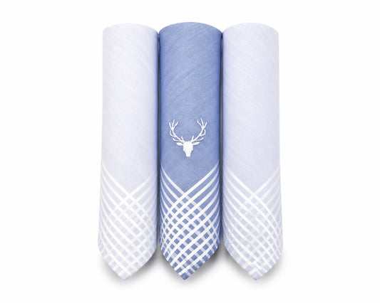 Three baby swaddle blankets with a deer head logo on a white background
