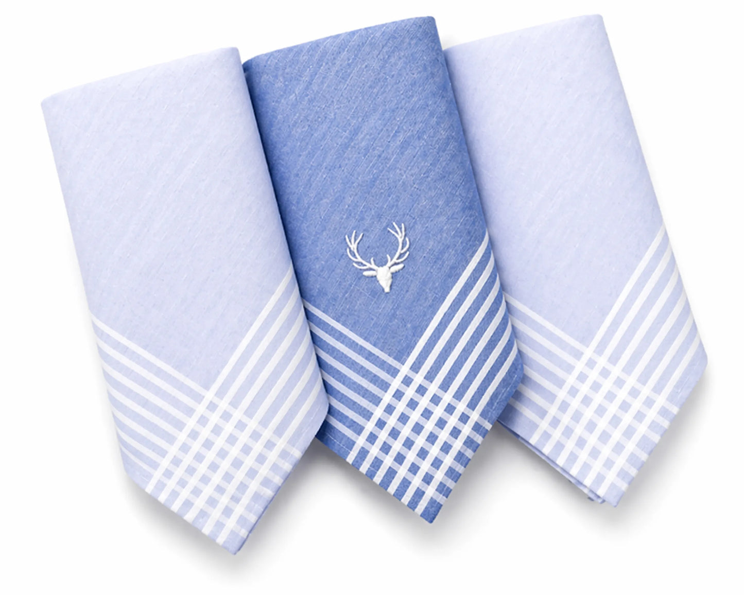 Three blue and white patterned hanky with a deer emblem on a white background