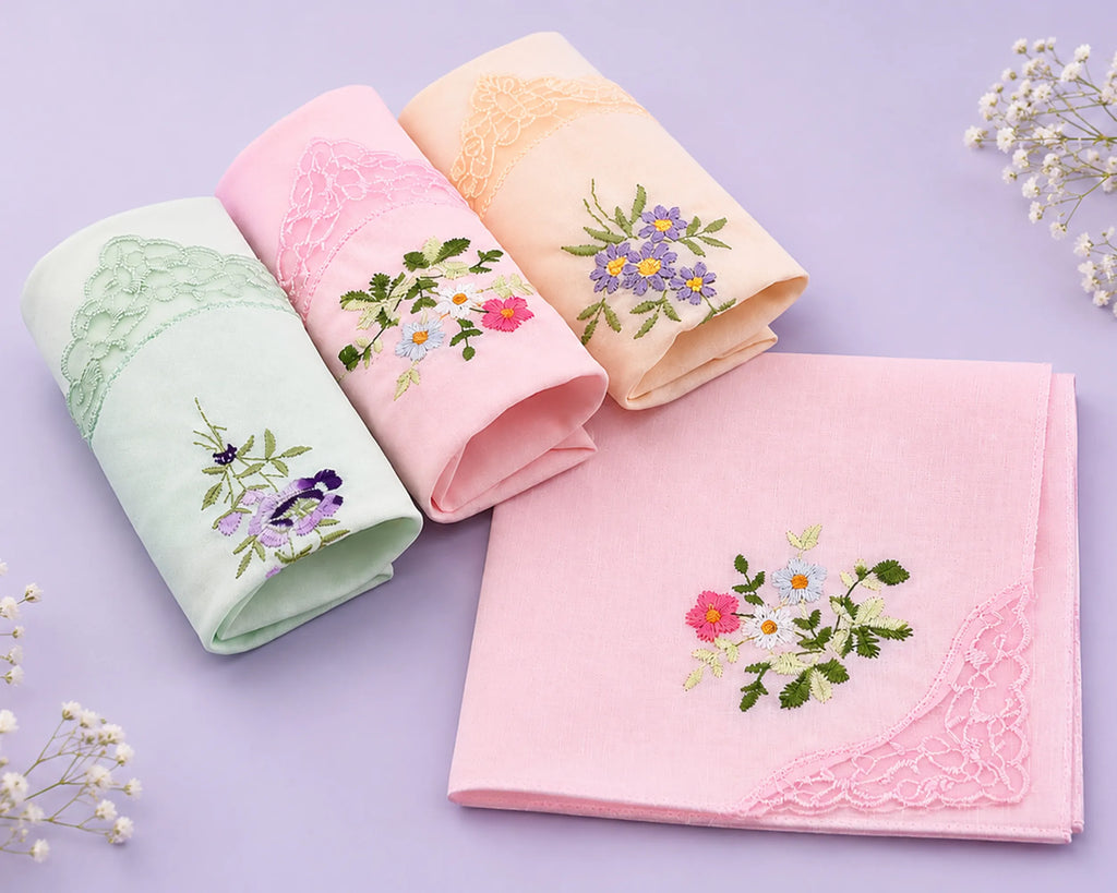 Three embroidered hanky with floral designs on a light purple background