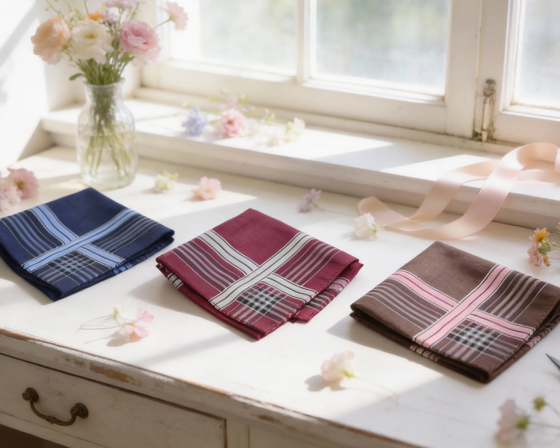 Three folded handkerchiefs on a white surface with flowers and a window in the background