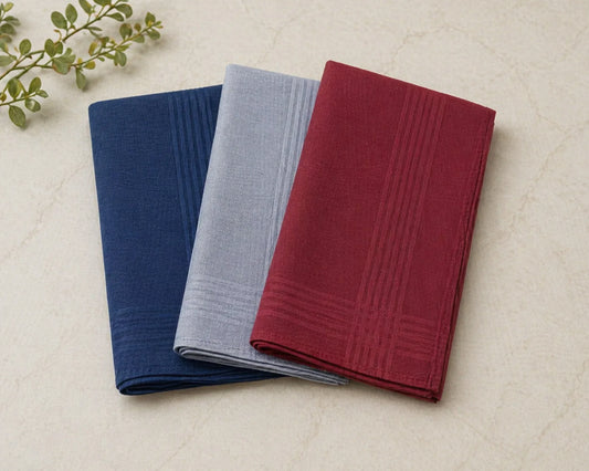 Three folded hanky in blue, gray, and red on a textured surface with a plant in the corner.