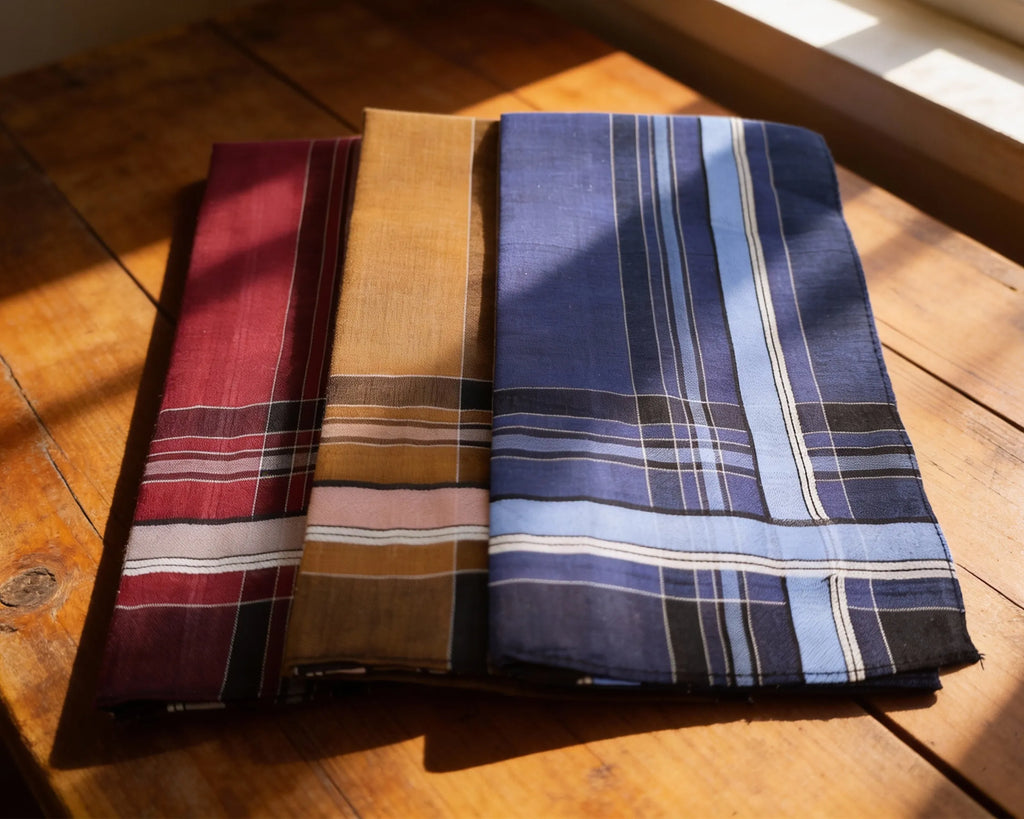 Three folded fabric swatches in red, brown, and blue plaid on a wooden surface.