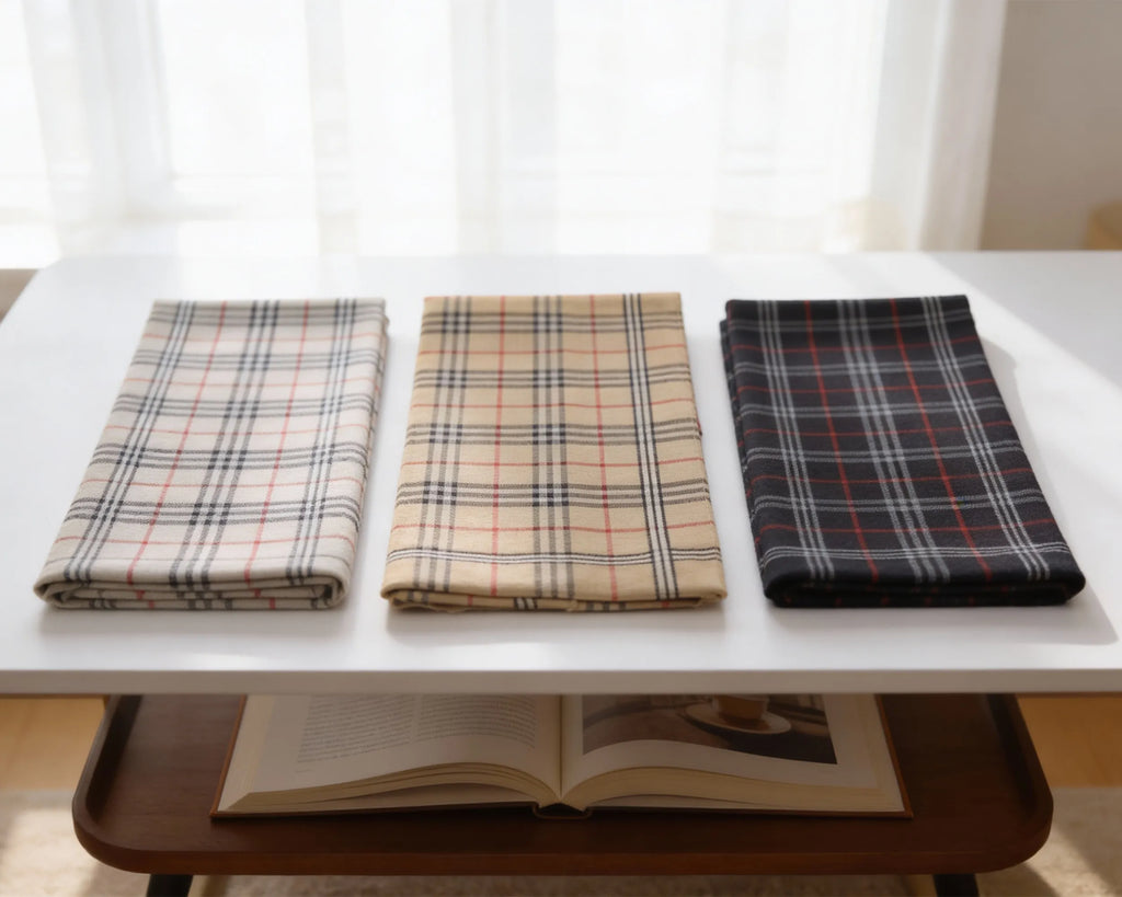 Three folded plaid fabrics on a white table with an open book underneath.