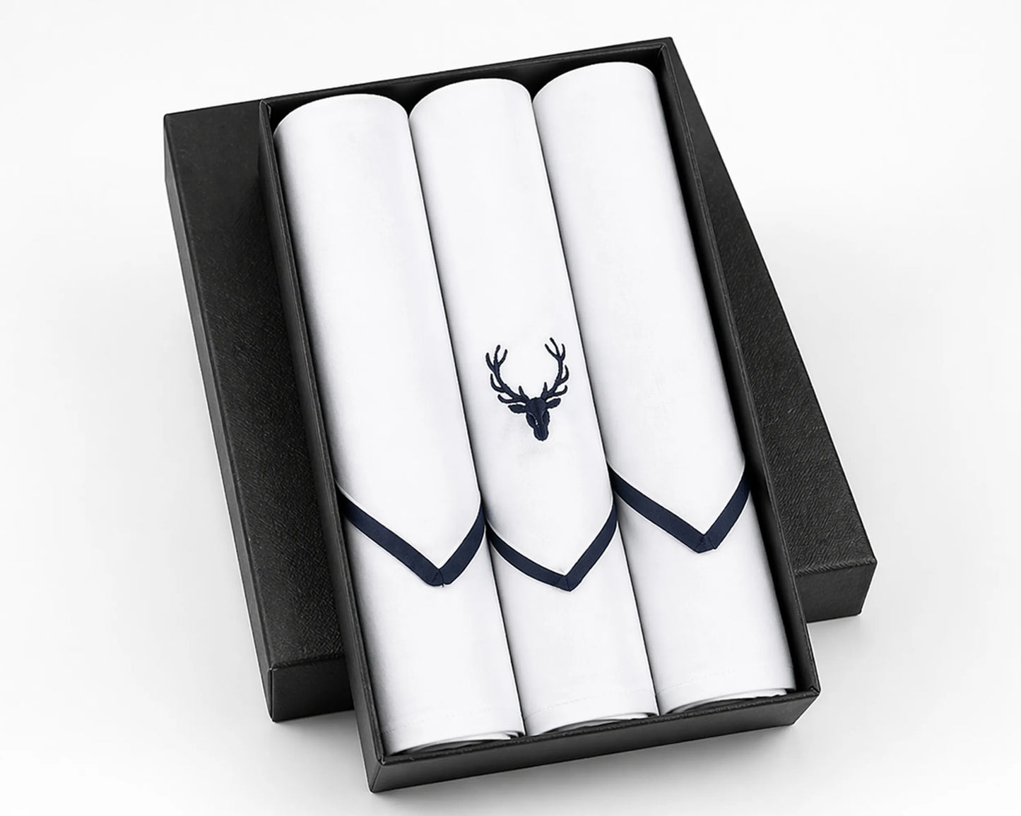Three white handkerchiefs with a black deer emblem in a black box on a white background