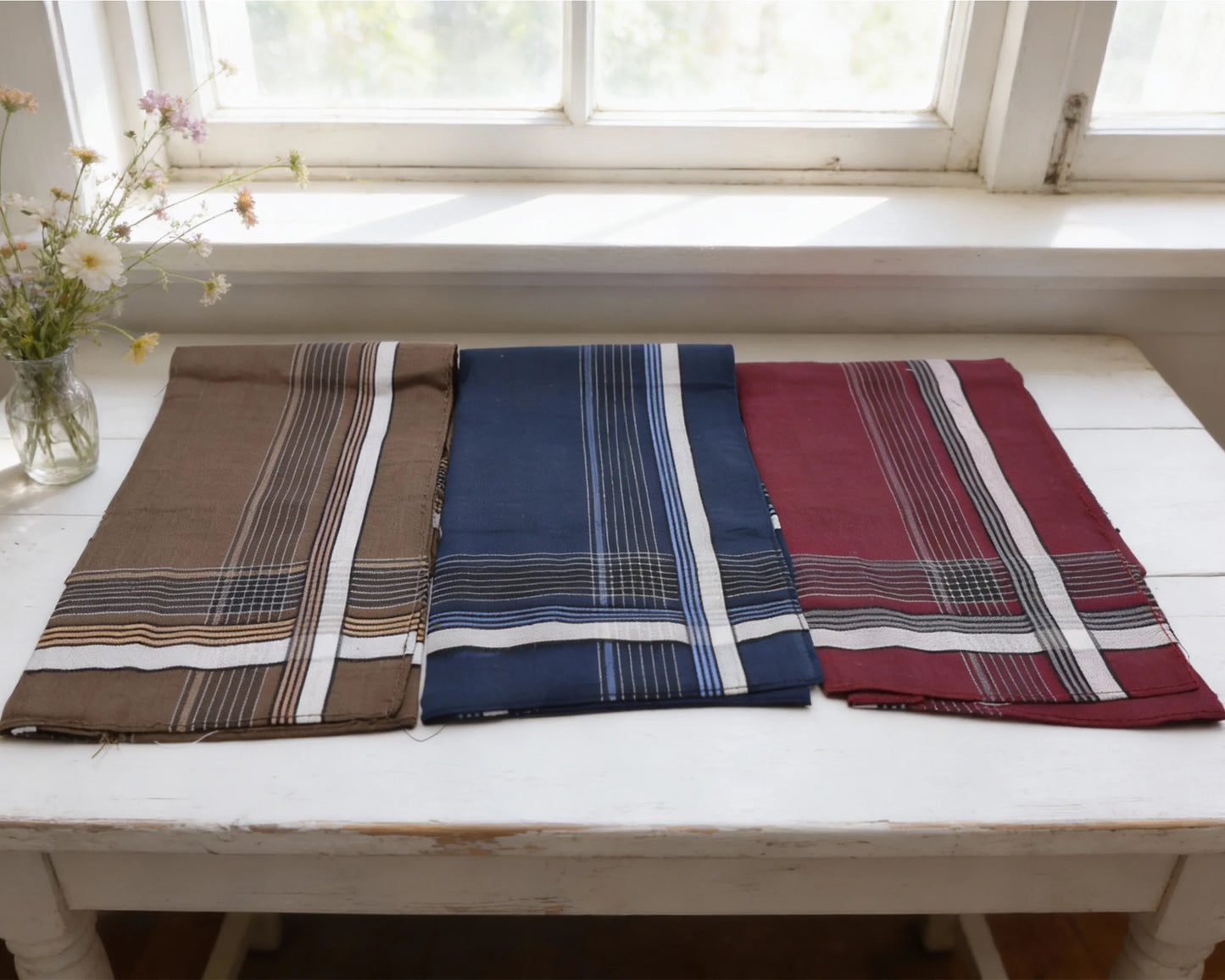 Three plaid tablecloths in brown, blue, and red on a white wooden bench with a window in the background.
