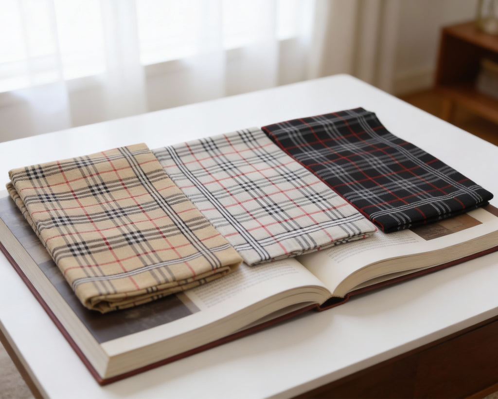 Three plaid fabrics on an open book with a blurred background