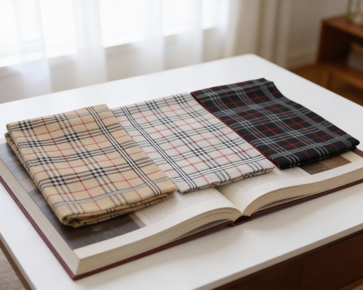 Three plaid fabrics on an open book with a blurred background