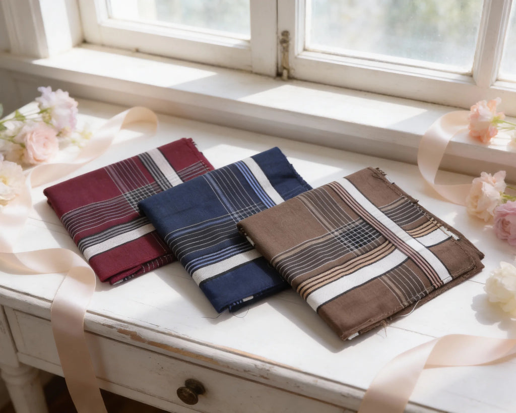 Three plaid scarves in red, blue, and brown on a white surface with flowers and ribbons.