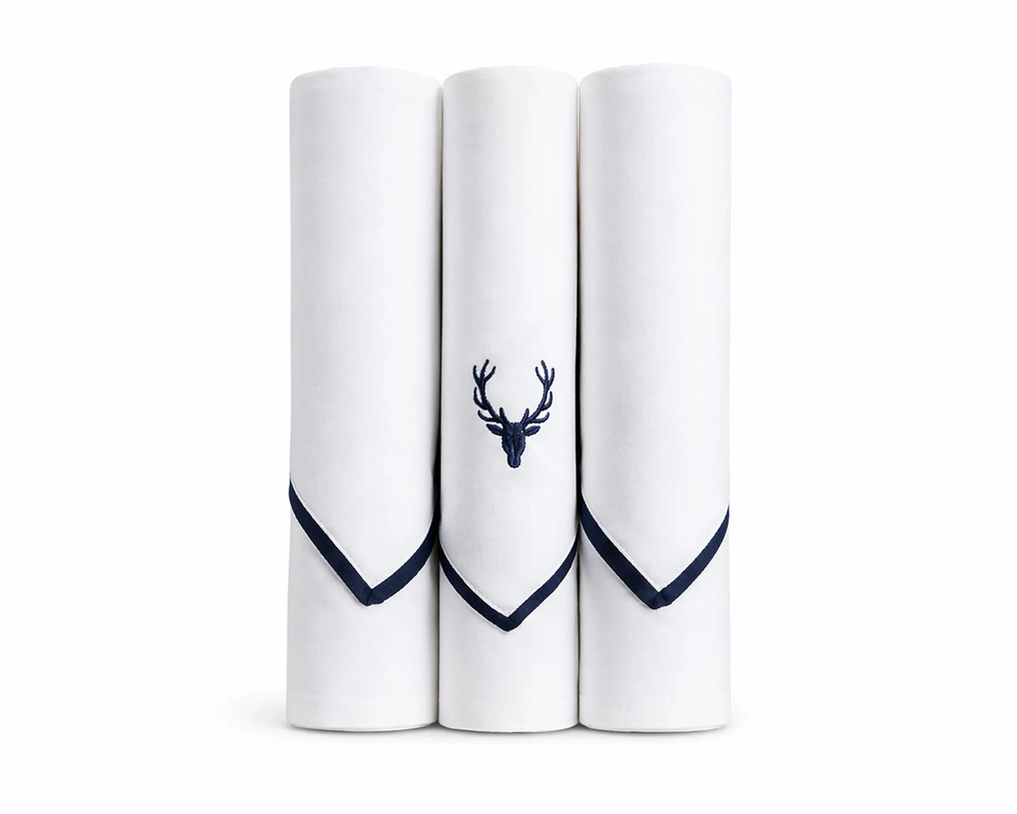 Three white handkerchiefs with navy blue hems and a deer emblem on a white background
