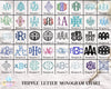 A digital preview sheet titled 'TRIPLE LETTER MONOGRAM CHART' showing many monogram design options arranged in a grid. The sheet includes sample names like AAA, ABC, AAB, ABB, ABO, BBE, CCA, DHE, MJK, and others in multiple colors.
