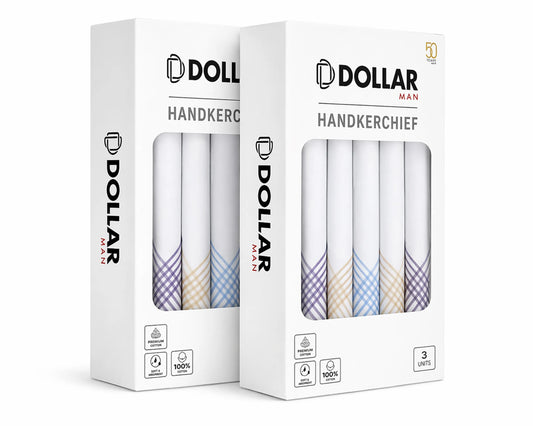 Two boxes of Dollar Man handkerchiefs on a white background