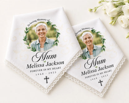 Two memorial handkerchiefs with a photo of a woman and text on a white background.